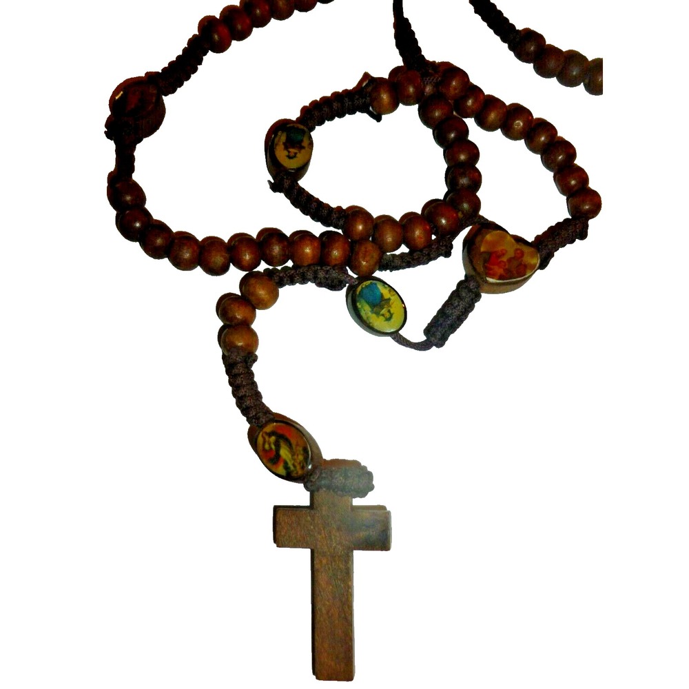 Vintage Wooden Rosary Beads Religious Saint Decals Woven Cord Catholic Cross